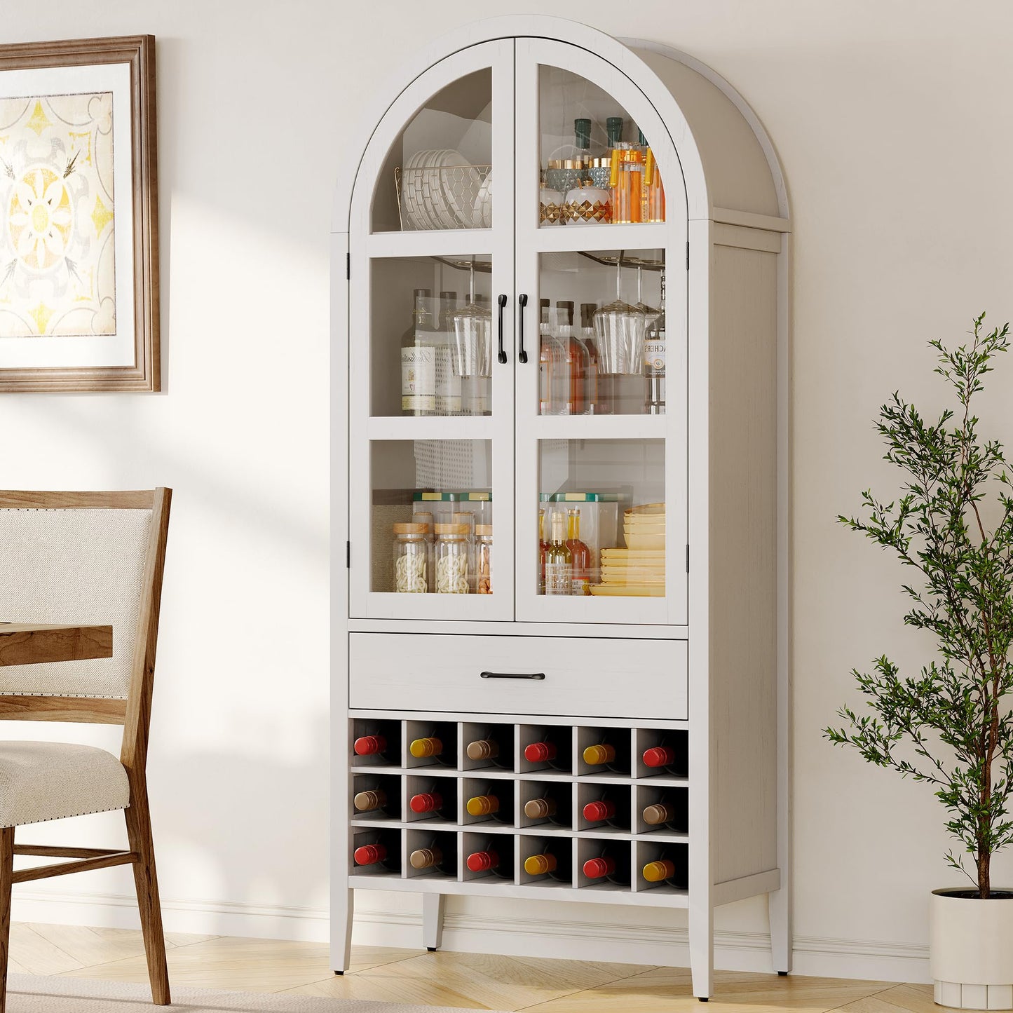 ONBRILL 71" Tall Wine Bar Cabinet, Arched Storage Cabinets with Door, Whiskey Station with Wine Rack and Glass Holder, Liquor Bar Cabinet for Home Kitchen Living Dining Room (Off White)