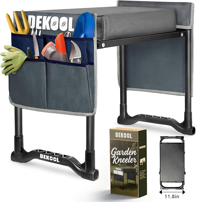 Dekool Garden Kneeler and Seat with Upgraded Wide & 3" Thick Kneeling Pad, Heavy Duty Garden Stool with 2 Large Tool Bags, Portable Bench for Weeding, Gardening Gifts for Women, Men, Seniors, Grey