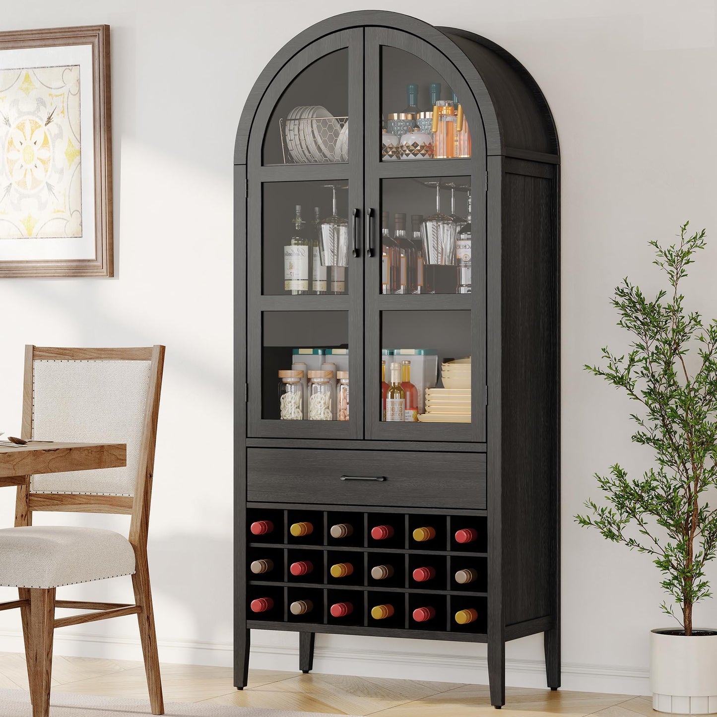 ONBRILL 71" Tall Arched Wine Bar Cabinet with Storage, Bar Cabinets with Doors and Shelves, Liquor Cabinet for Home, Kitchen Pantry for Dining Living Room (Black)