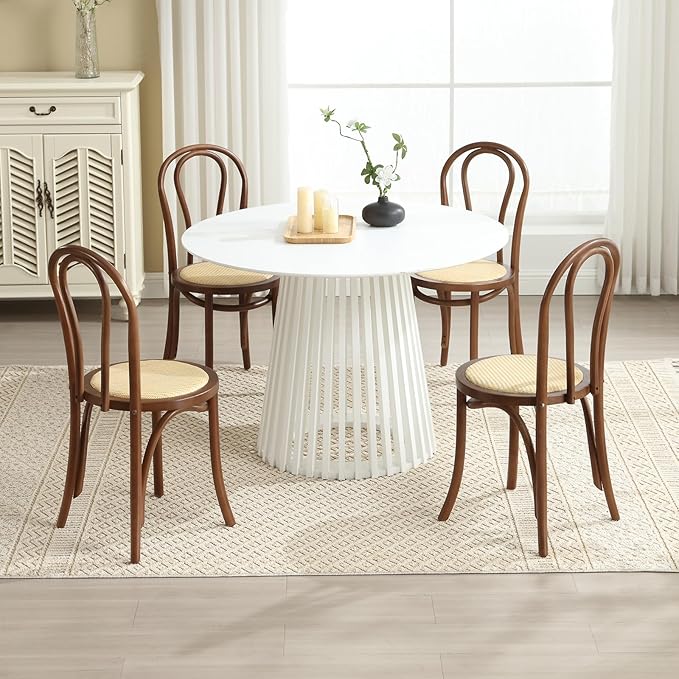 DM Furniture Bentwood Dining Chairs Set of 4 Mid-Century Modern Rattan Kitchen Chairs with Backrest, Armless Curved Wood Bistro Chair for Dining/Kitchen Room,Home No Assembly Required, Walnut Wood