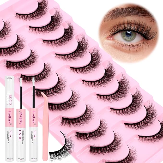 FADLASH False Eyelashes Kit 10 Pairs Cat Eye Lashes Mink Lashes Wispy with Lash Bond and Seal and Tweezer Fake Eyelashes Natural Look Handmade Eyelashes Fake Lashes Strips (XH03 Kit)