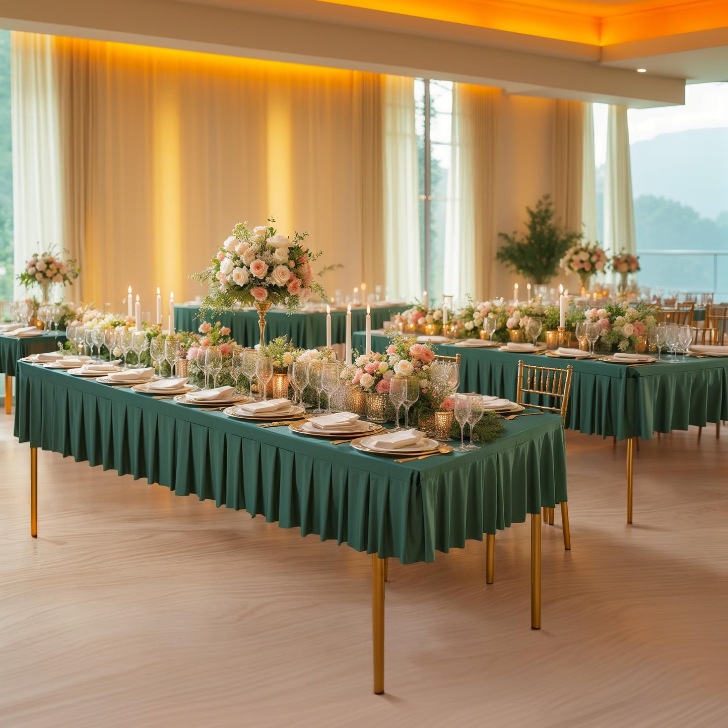 Wish Care Hunter Green Spandex Table Clothes for 8 Foot Rectangle Tables Wrinkle Free Ruffle Tablecloth with Pleated Skirt Stretch Fitted Table Covers for Wedding Birthday Christmas Party Banquet