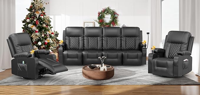 FURNIMAT Oversized Recliner Sofa Set with 4+1+1 Pieces in Living Room, 4 Seater Reclining Sofawith USB Ports, Cell Phone Holders, 2 Recliner Chairs with Vibration Massage and Heat Single Sofa Seat