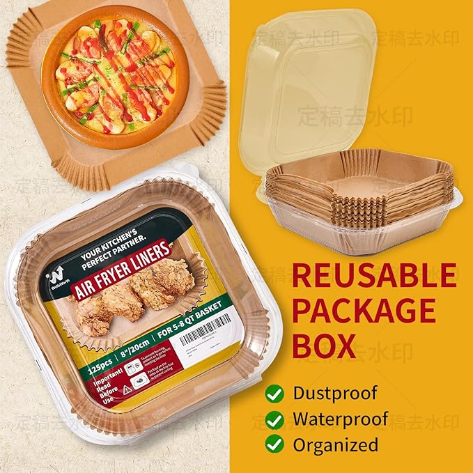 40GSM Air Fryer Paper Liners, 125Pcs 8 inch Disposable Parchment Paper for 5-8 qt Basket Air Fryer, Non-Stick Oil-Proof Heat Resistant Food Grade for Cooking, Roasting & Frying, Square 8"