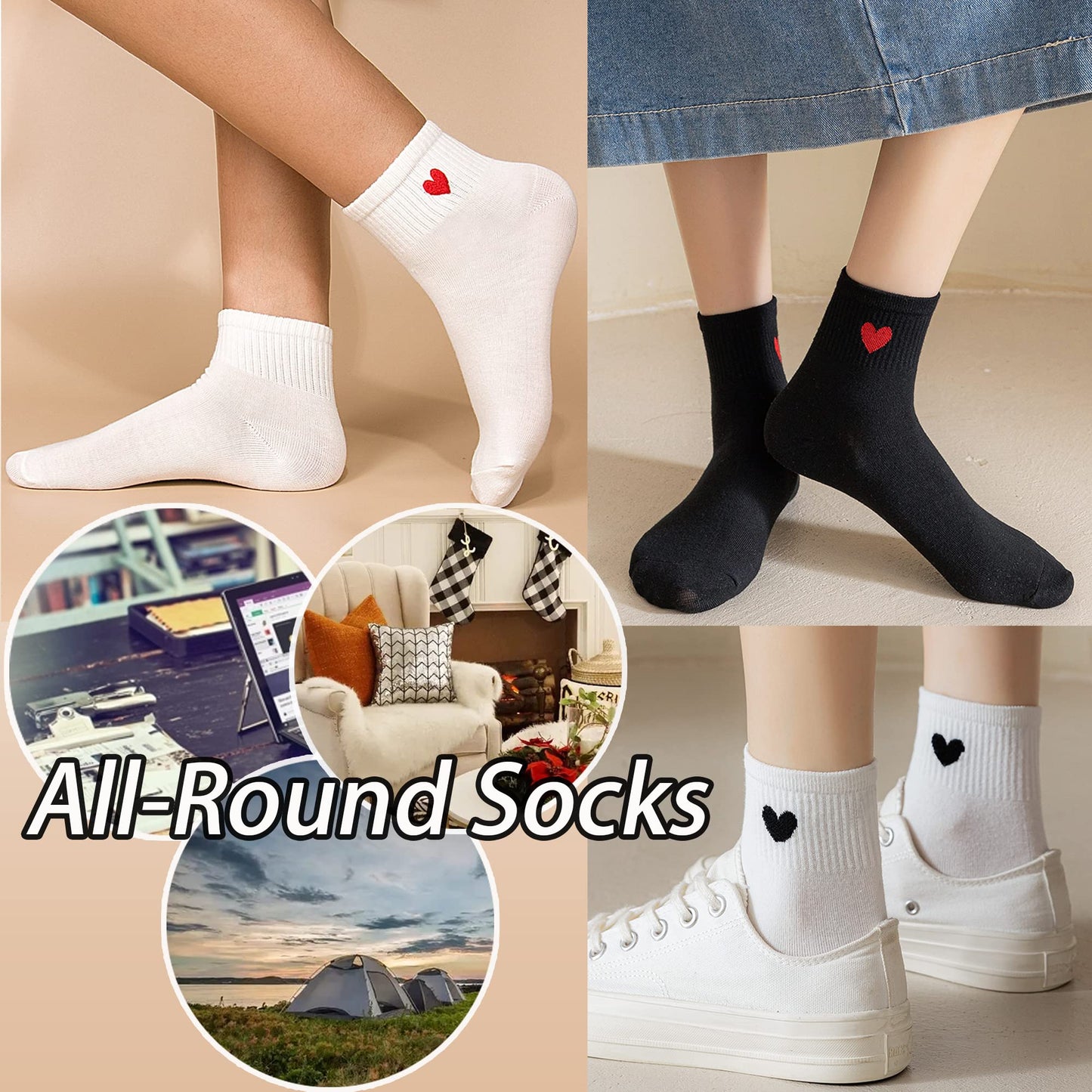 CHUNFO Cute Heart White Red Ankle Women Socks Frilly Fun Bear Pattern Long Crew Novelty Aesthetic Girls Sock 4 & More Pairs