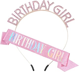 PQRUU Glitter Birthday Sash, Tiara and Rhinestone Headband Set - Pink Birthday Accessories for Her