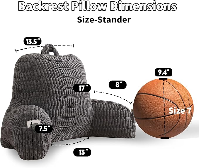 PAJEO Reading Pillow for Sitting in Bed, Large Backrest Reading Pillow with Arm Rest,Back-Rest Support Cushion for Sit Up on Couch, Sofa, and Floor, Dorm Essentials (Grey Corduroy, Standard(17"))