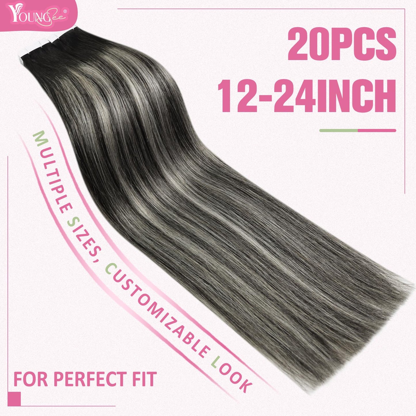 YoungSee Tape in Extensions Human Hair Black Ombre Invisible Tape in Hair Extensions Ombre Black to Silver Tape ins Hair Extensi
