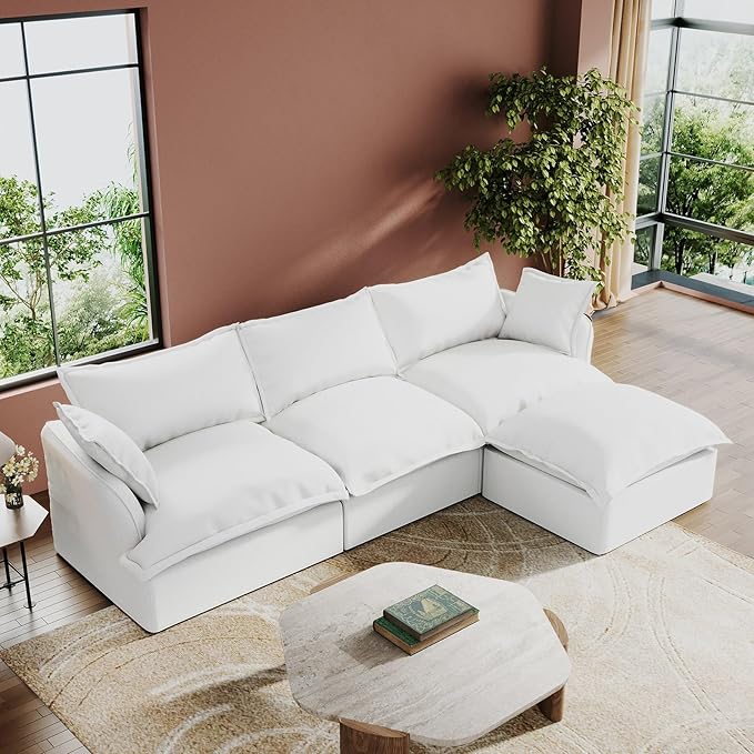 Intuition Decor Modular Convertible Cloud Sectional Sofa,110.4" Large Sofa Set for Living Room,4 Seat L-Shaped Modern Down Fill Sectional Sofa Fabric Modular Couch with Chaise,Cream White