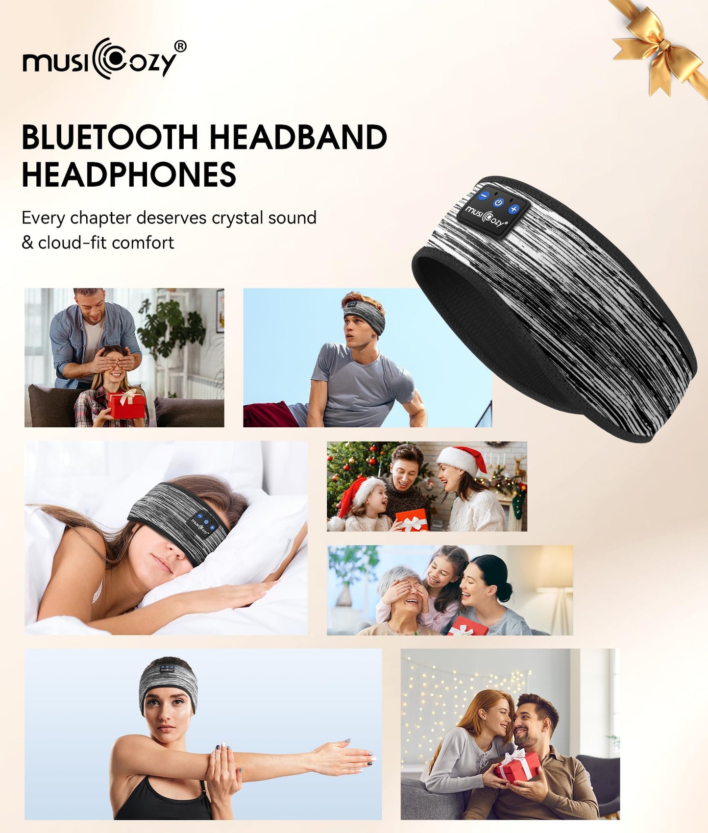 MUSICOZY Sleep Headphones Bluetooth 5.4 Headband, Wireless Earphones Music Sleep Earbuds Sleeping Eye Mask with HD Stereo Speakers for Workout Running Travel Yoga, Ideal Gifts (Stripped Gray)