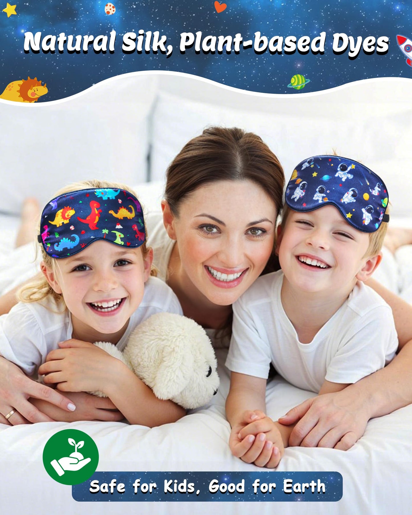 BeeVines Kids 100% Real Mulberry Silk Sleep Mask 2 Pack, Original Design Pure Silk Sleeping Eye Masks for Boys, Skin-Friendly Blackout Eye Cover, Adjustable Strap, Reduce Puffy Eyes, for Travel Gifts