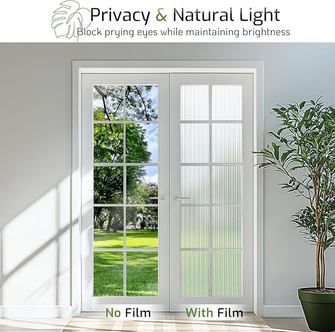 LUTE Reeded Glass Window Privacy Film, Frosted Glass Film, Removable 3D Decorative Decals Sun Blocking Anti UV Door Window Cover, No Glue Static Cling Vinyl for Bathroom Home Office, 23.6" x 118.1"