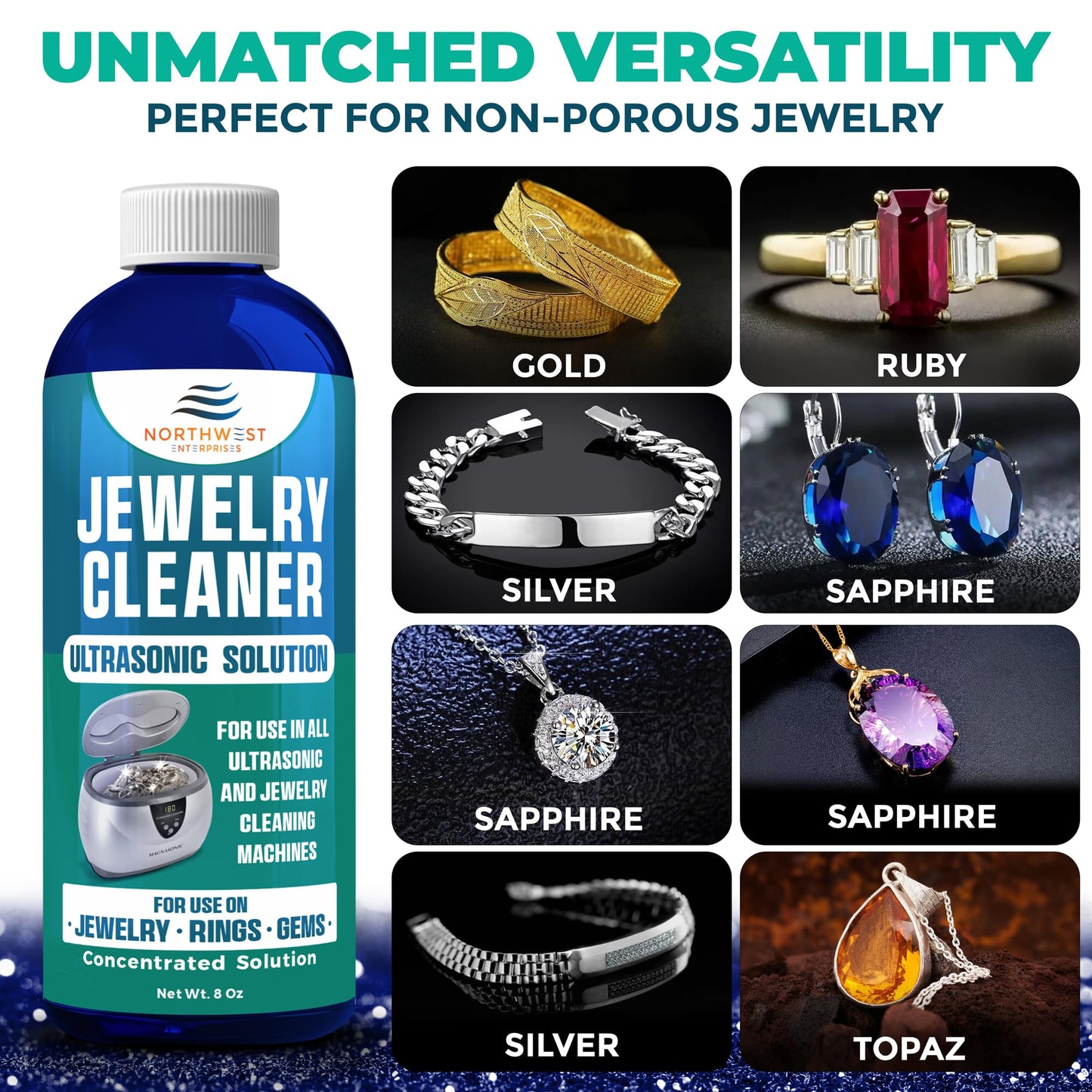NORTHWEST ENTERPRISES Jewelry Cleaner, Ultrasonic Jewelry Cleaner Solution - Cleans Gold, Silver, Platinum, Diamonds, Non-Porous