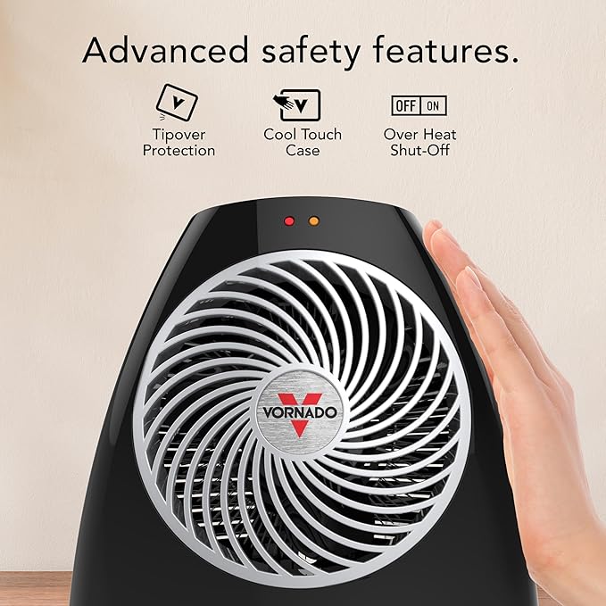 Vornado VH202 (2025) Personal Space Heater, Advanced Safety Features, 2 Heat Settings, Direct Heating, Fan Only Setting, Cool-Touch Exterior, Signature Vortex Heat Circulation, Gentle Heating, Black