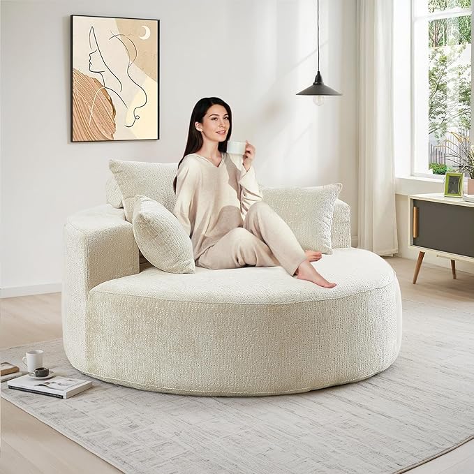 Oversized Round Chaise Longue Chair Indoor, Modern 55-inch Upholstered Chenille Deep Seat Circle Single Cloud Lounge Floor...