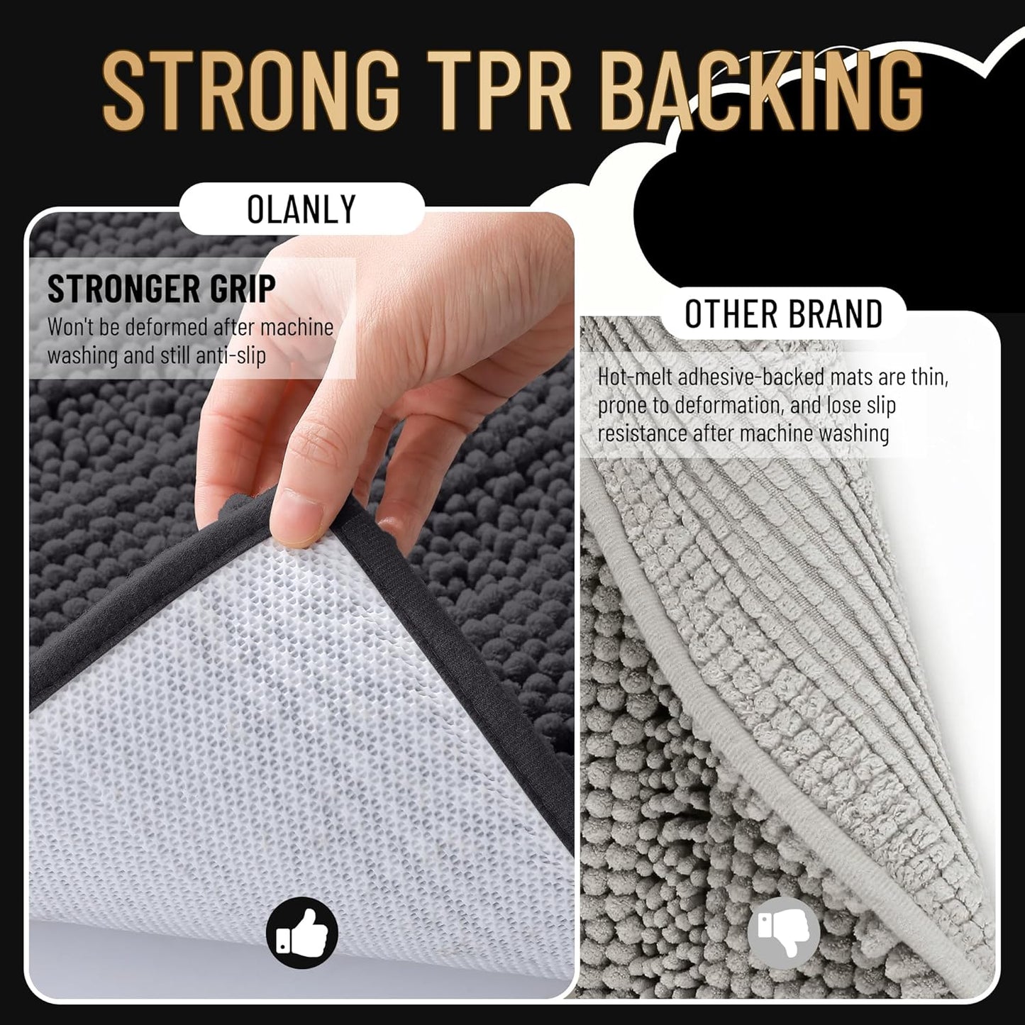 OLANLY Thick Bathroom Rugs 44x24, Extra Soft Absorbent Chenille Striped Bath Rugs, Rubber Backing, Machine Wash Dry, Bath Mats for Bathroom Floor, Tub and Shower, Home Decor Accessories, Dark Grey