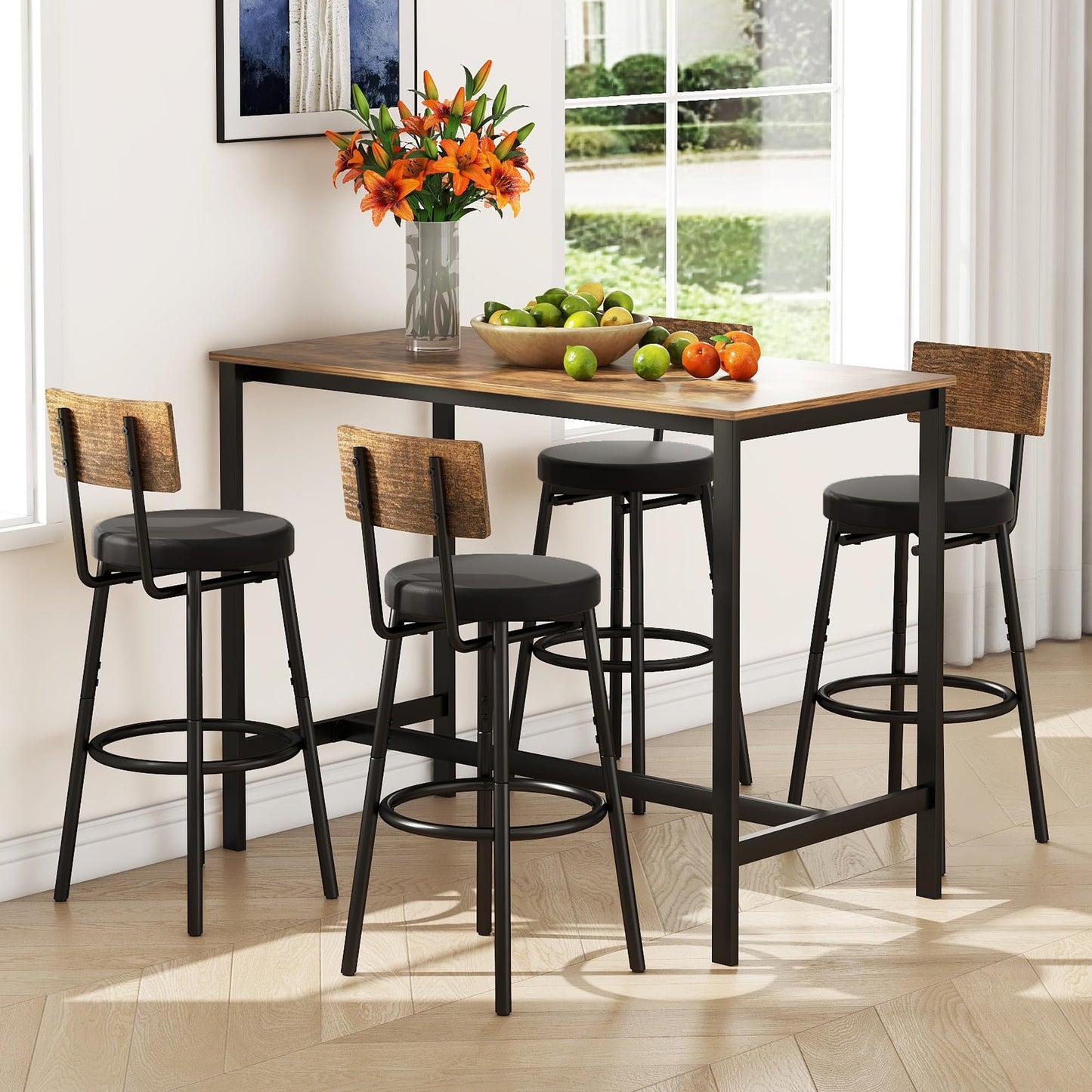 Tatub Bar Table and Chairs Set of 4, 5 Piece Counter Height High Breakfast Table Chairs Set of 4 for Dining Room, Brown