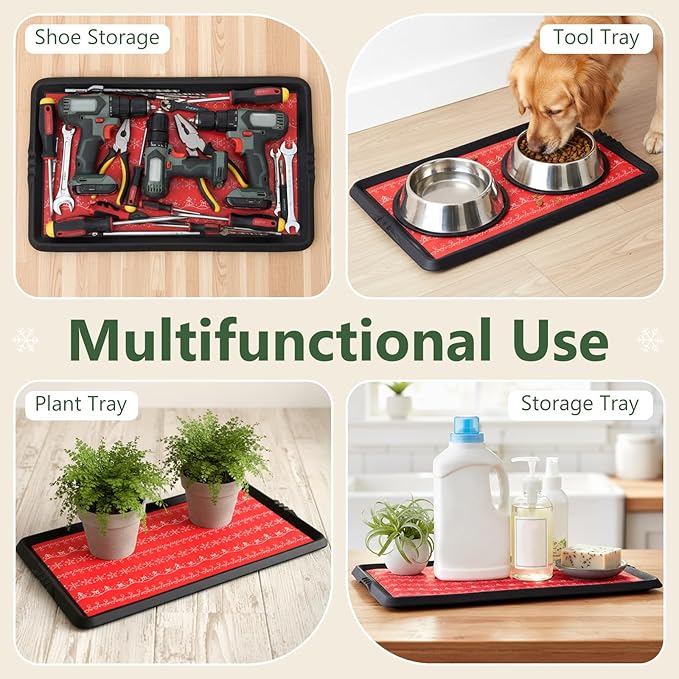 Maxdot Christmas Boot Tray Rubber Holiday Shoe Mat Tray with Festive Print 16" X27.5" Waterproof Rubber Shoe Mat for Entryway Indoor Outdoor Use with Raised Edge Christmas Decor (1 Pack)