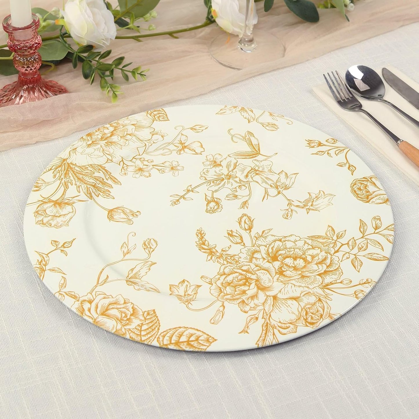 Efavormart 6 Pack White Gold Floral Acrylic Charger Plates in French Toile Pattern, Round Dinner Charger Event Tabletop Decor - 13"