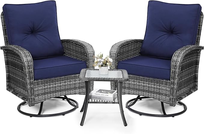 wildformers Luxury Outdoor Swivel Wicker Glider Patio Chairs with Table Set, Overstuffed Washable Cushions, Ideal for Porch, Balcony, Deck, Grey Rattan and Blue Cushion
