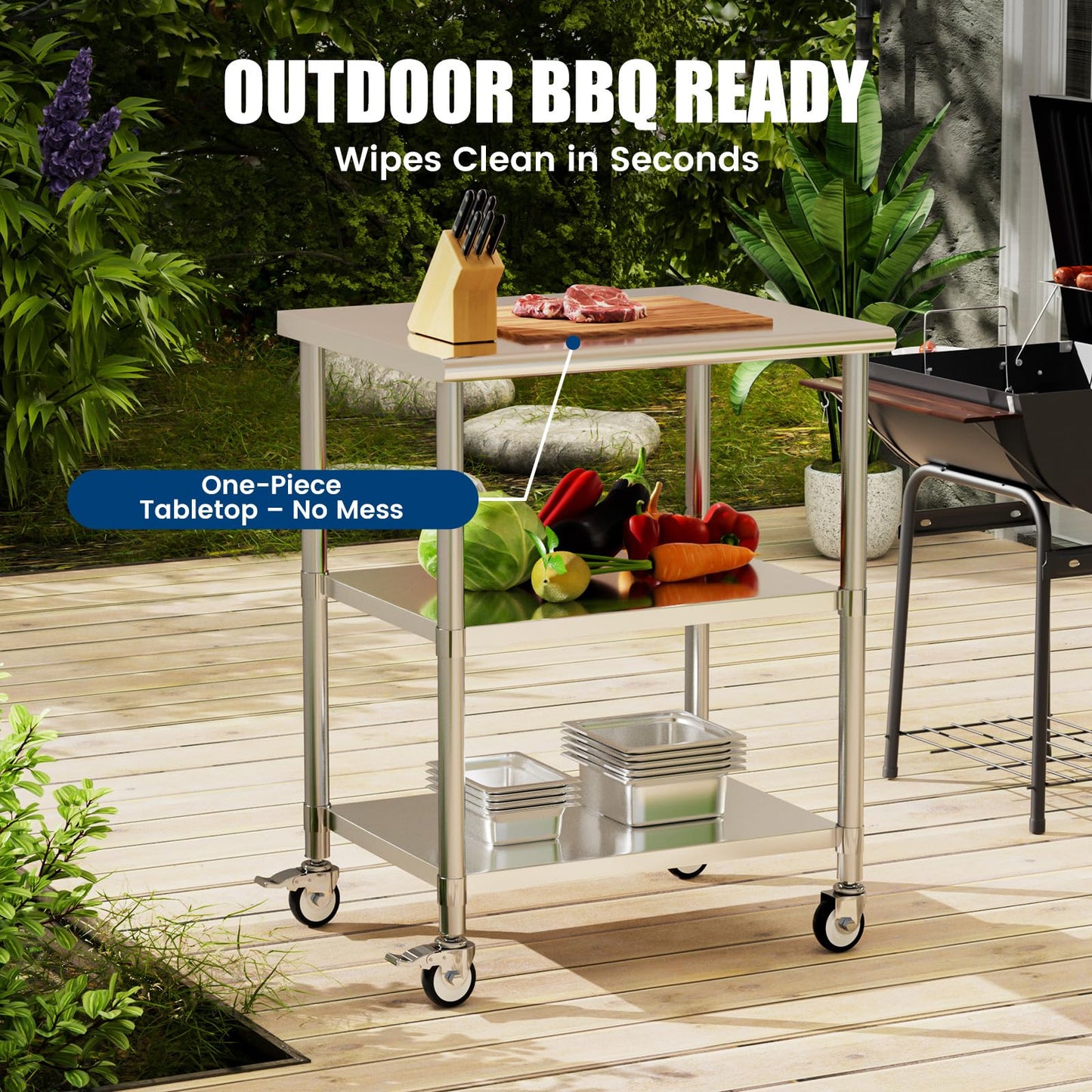 Chingoo Stainless Steel Work Table with Wheels, 24x30 Inch NSF Kitchen Prep Table with 2 Adjustable Undershelves for Commercial Restaurant, Garage, Outdoor BBQ