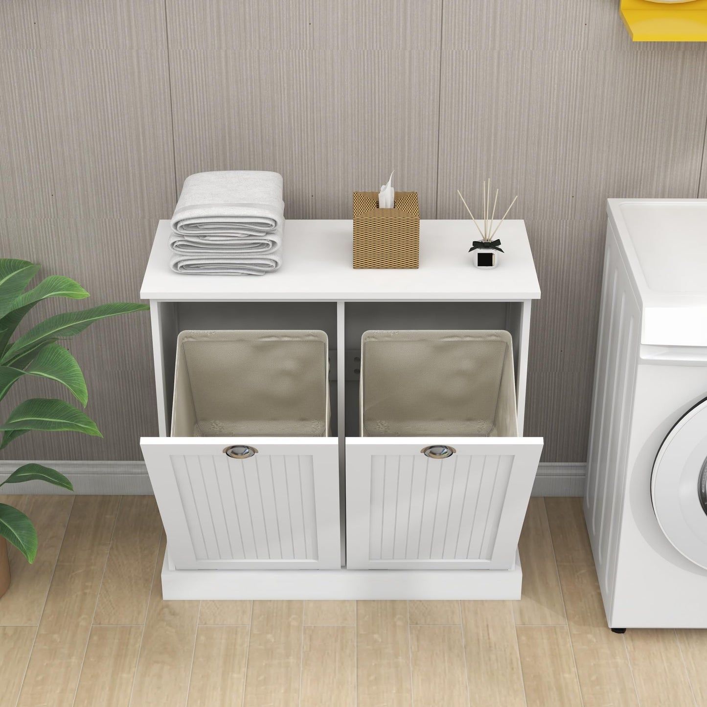 Contemporary Storage Cabinet, Two-Compartment Tilt-Out Laundry Sorter Cabinet, for Bathroom Hallway,for Kitchen Home
