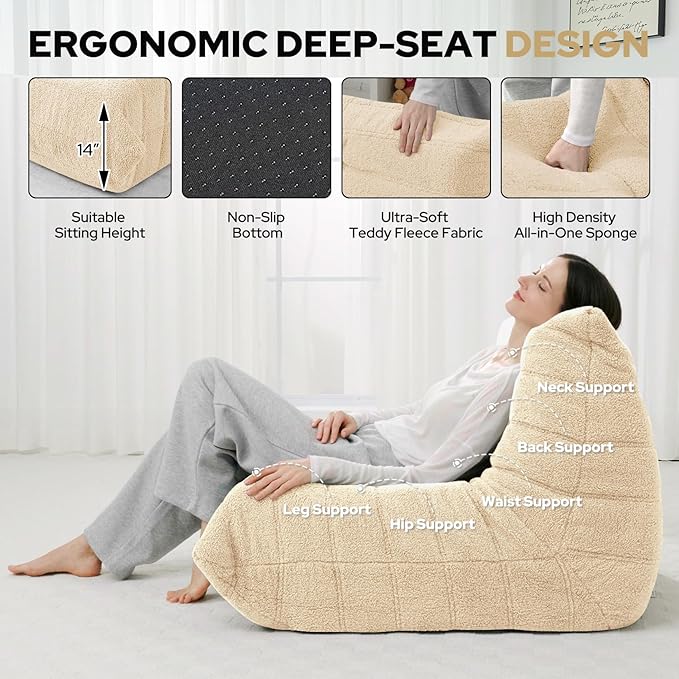 HABUTWAY Bean Bag Chairs Fireside Lazy Floor Sofa, Soft Teddy Fleece Bean Bag Sofa with High-Resilience Foam Filling，Beanbag for Living Room, Bedroom, Office (Khaki Teddy)