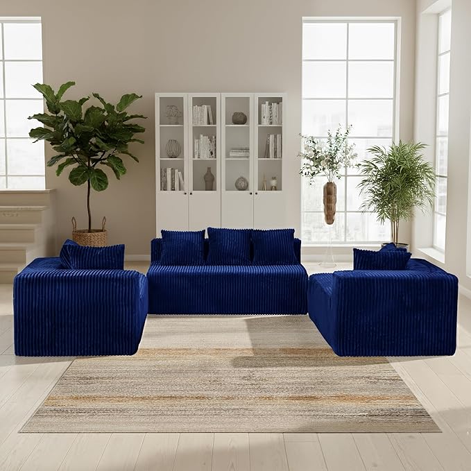 SEENYOO 130" Boneless Couch, Cloud Couch Sectional, Corduroy Sofa for Living Room, U Shaped Modular Sofa with Chaise, No Assembly, 4 Seats Oversized (Blue)