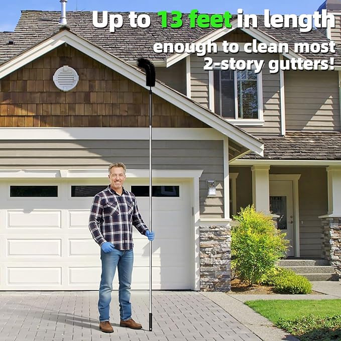 13 FT Gutter Cleaning Tool, Roof Gutter Brush, Clear Leaves from Roof Gutters Without a Ladder, Includes 2 Cleaning Brushes & Black