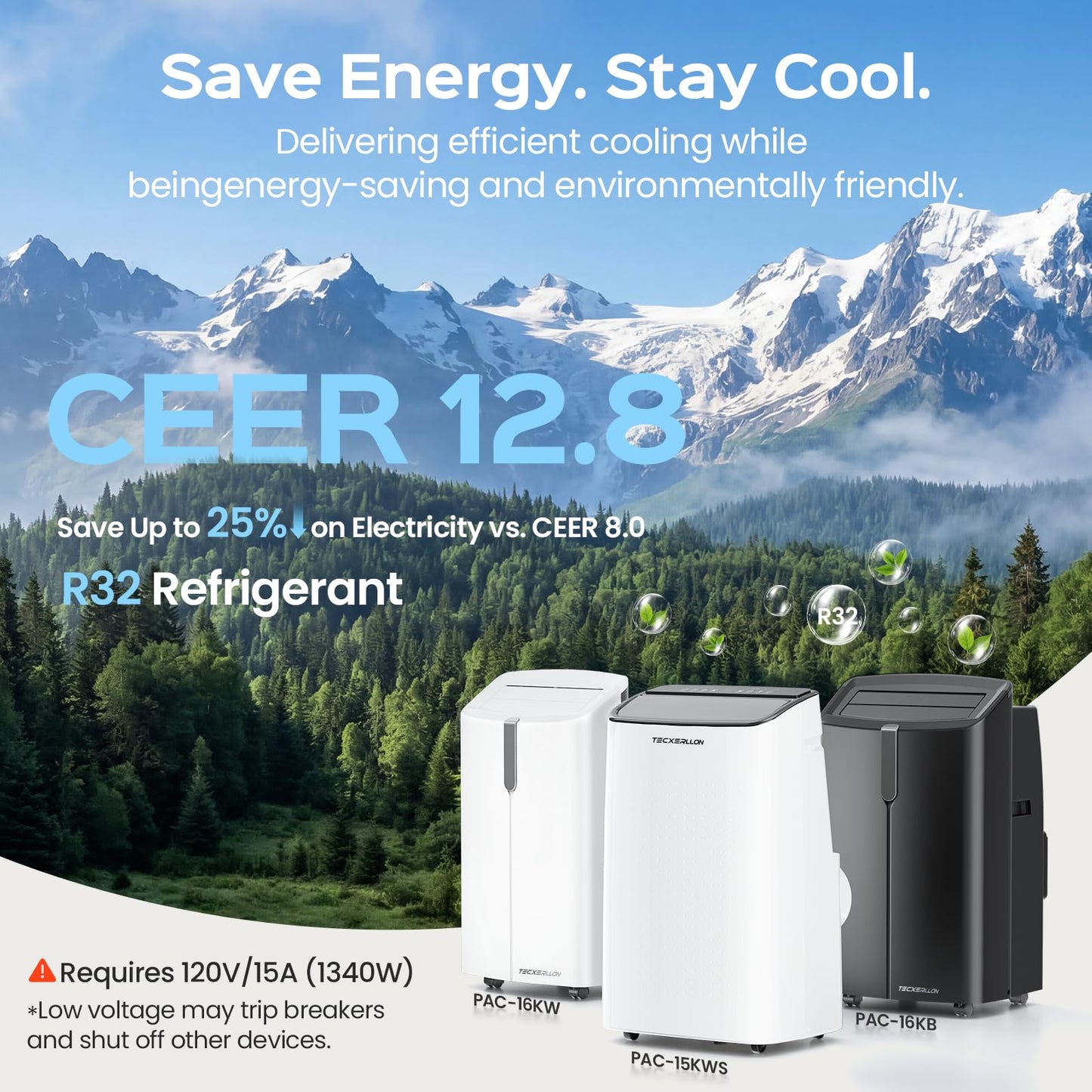 TECXERLLON 15000 BTU Portable Air Conditioners Cools Up to 800 Sq.Ft., 4-in-1 Smart Portable AC Unit with Cooling, Dehumidifier, Fan & Sleep Mode, Self-Evaporating, Remote Control for Home & Office