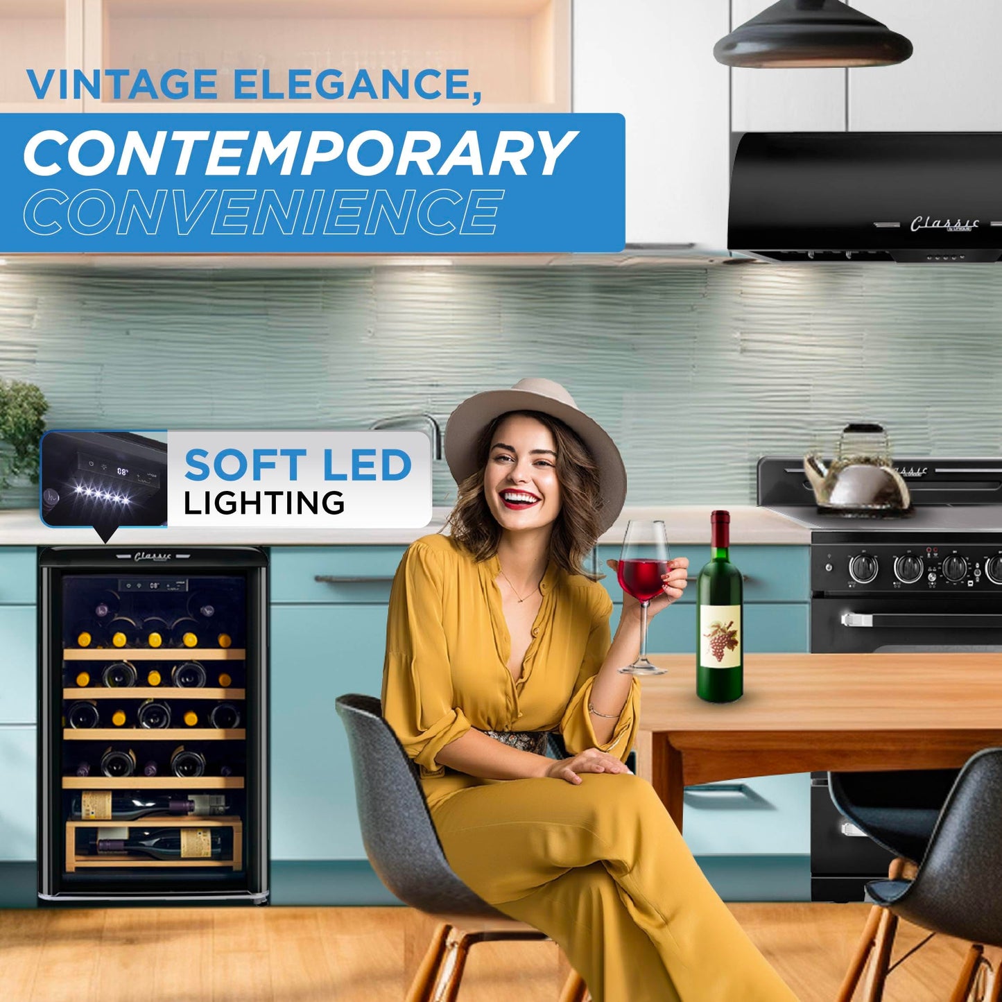 Unique Appliances Classic Retro Electric Wine Cooler, 28-Bottle Wine Fridge with Adjustable Wooden Shelves and Intuitive Digital Control Panel, Single Zone, 21", Midnight Black