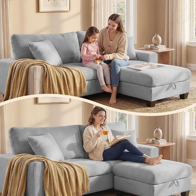 DOPEDIO L-Shaped Sectional Sofa with Storage Ottoman, Modern Chenille Recliner Loveseat, Removable Couch Covers, Pocket Spring Cushions, Solid Wood Frame, Easy to Install (88.58inch, Light Gray)