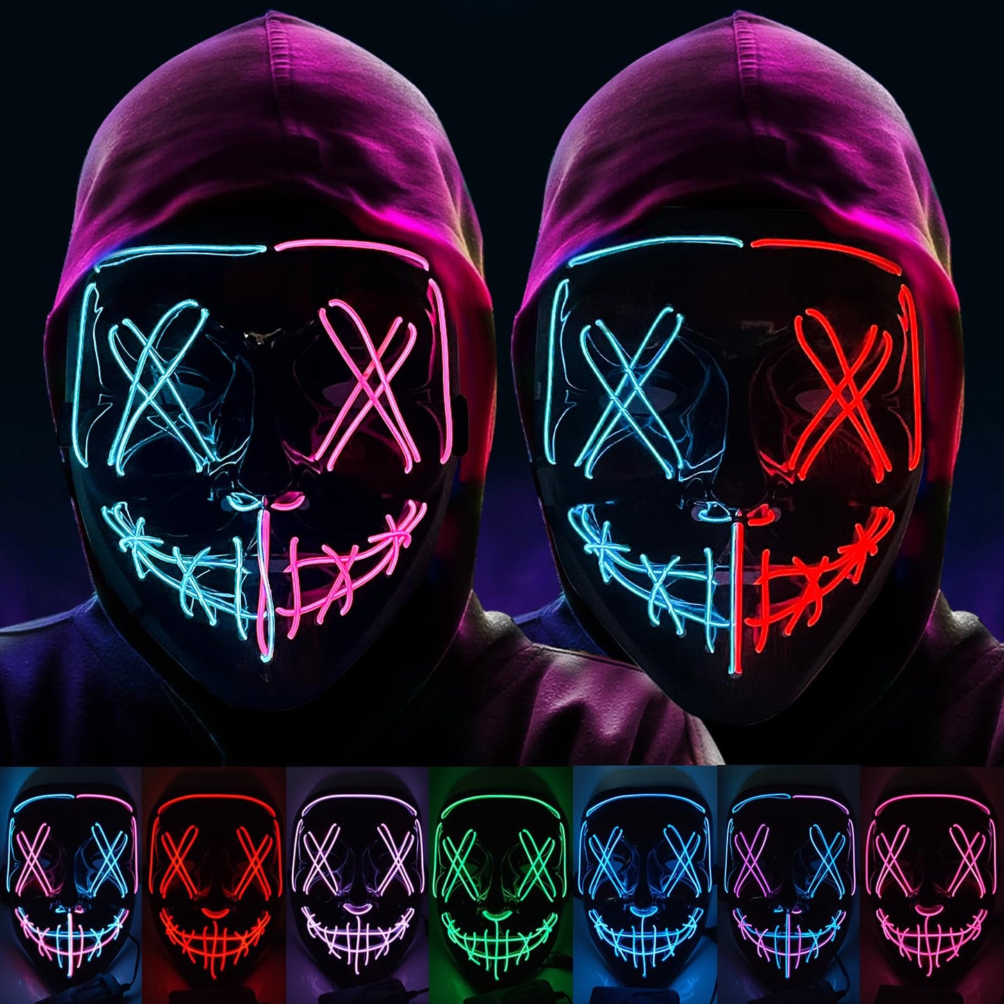 KaTiSeMo 2PCS Halloween Mask, LED Light up Masks, Halloween The Purge Masks with 3 Lighting Modes & 2 Colors El Wire,Scary Scream Mask for Festival Cosplay