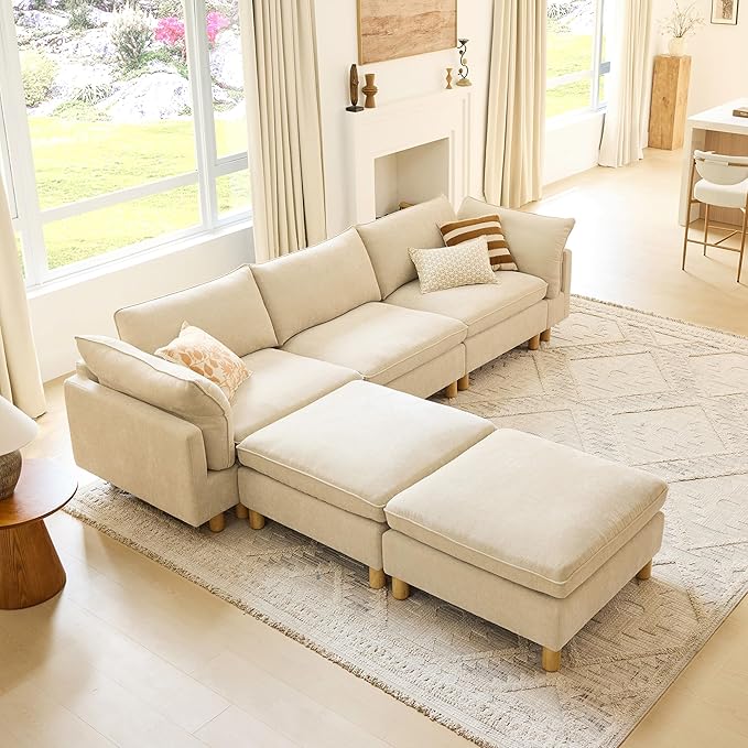 CHITA 161" Super Large Sectional Couches for Living Room, Modular Cloud Couch Sectional Sofa, Premium Fabric Couches, Down Filled, High Density Foam, Chenille in Beige, 6 Seat U Shaped