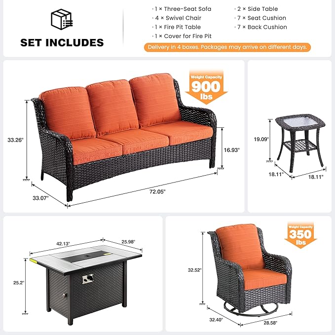 ovios 8 Pieces Patio Furniture Set, Outdoor Wicker Sofa Couch with Swivel Chairs 42" Fire Pit Table, High Back Modern All Weather Conversation Sets, Brown Rattan, Orange Red