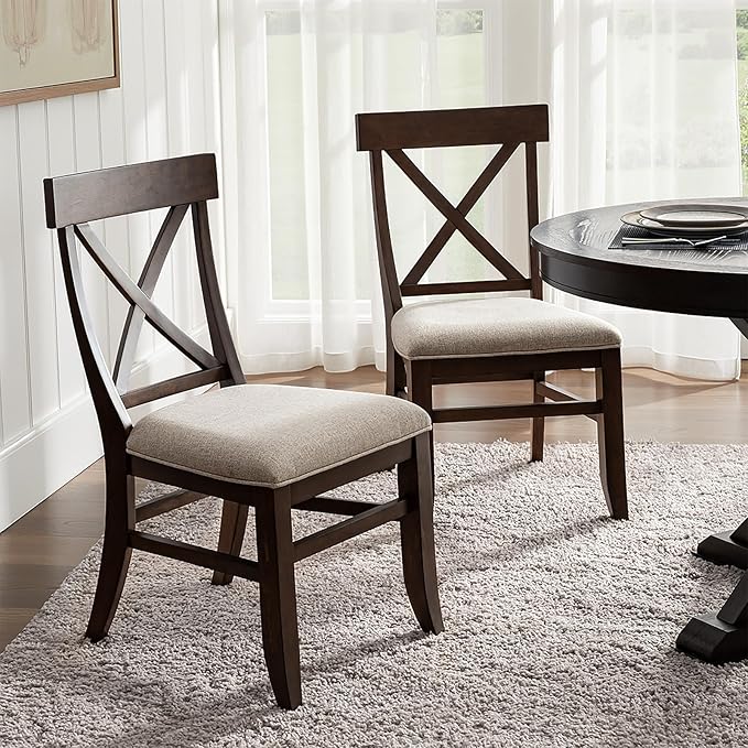 HULALA HOME Solid Wood Dining Chairs Set of 2, Walnut Farmhouse Upholstered Kitchen Dining Room Chair Mid-Century Modern Dinner Chair with Cross Back Wooden Legs for Living Room, Restaurat, Cafe