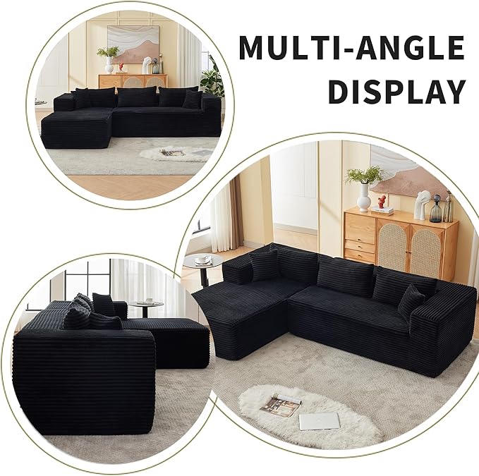 107" Modular Sectional Sofa, L-Shaped Cloud Couch with Deep Seat, Boneless Fluffy Corduroy Sofa for Living Room, No Assembly Required, (Left Facing Chaise,Black)