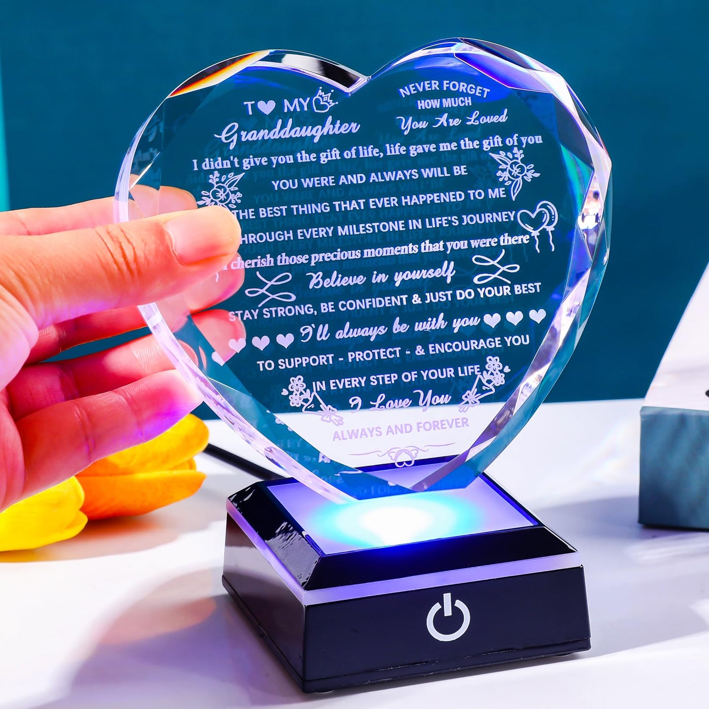Arikyrist Granddaughter Gifts with Colorful LED Base Crystal Heart Birthday Gifts for Granddaughter from Grandparents Meaningful to My Granddaughter Gift for Christmas Wedding Day Graduation