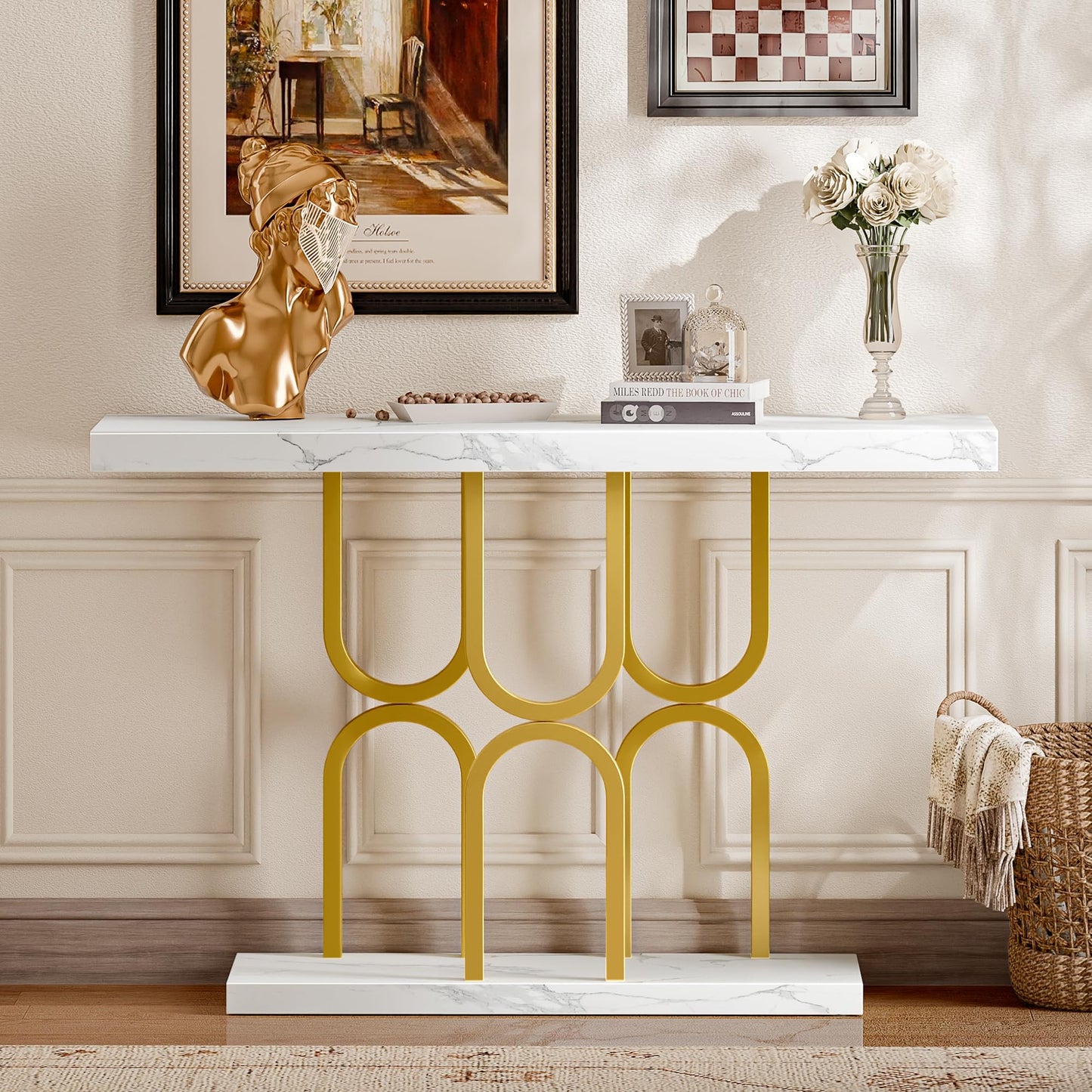 Huuger 47.2 Inch Entryway Table with Marble Top, Modern Console Sofa Table, Accent Table, for Entry, Hallway, Entrance, Foyer, U-Shaped Metal Base, White Marble & Gold