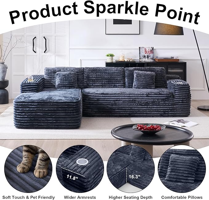Cloud Sectional Couch with L-Shape Chaise, Modern Modular Sofa with Deep Seat, Built-in Cup Holder & Storage Pocket for Living Room Bedroom, No Assembly Required (Dark Gray, Right Sitting Chaise)
