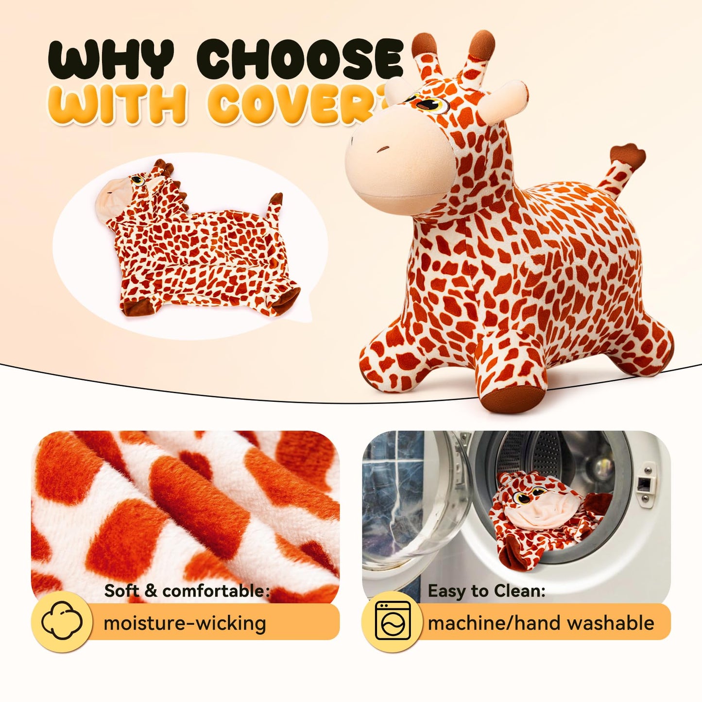 VangeBow Giraffe Bouncy Horse Toys for 1 2 3 year old Kid gifts, Plush Giraffe Ride On Bouncy Animal for toddlers 1-3, Indoor Outdoor Inflatable Hopping Toys for Girl Boy Birthday Gifts(Pump Included)