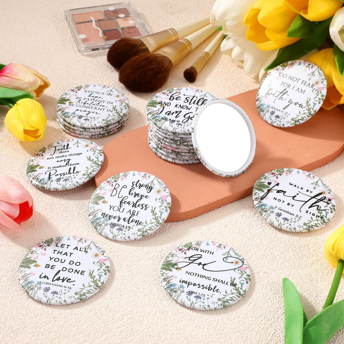 GlikCeil 60 Pcs Mother's Day Christian Gifts Bulk Mini Christian Compact Mirrors Wildflower Bible Verse Pocket Purse Mirrors Rel