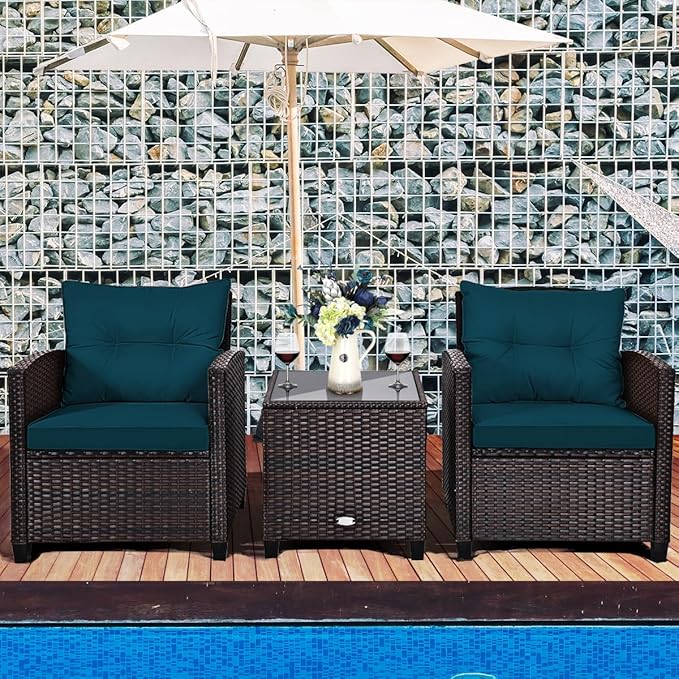 RELAX4LIFE 3 Piece Patio Furniture Set, Wicker Bistro Conversation Set w/2 Cushioned Armchairs & Glass Topped Table, Outdoor Rattan Sofa Set Patio Furniture for Porch Balcony Poolside (Peacock Blue)