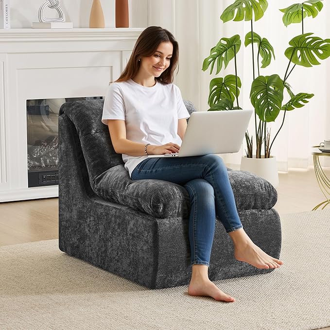 WUTUTUEE Boneless Cloud Armless Floor Sofa, Comfy Double-Layer Chenille Bean Bag Chair with High Density Memory Foam, No Assembly Togo Sofa for Living Room Bedroom (Grey)