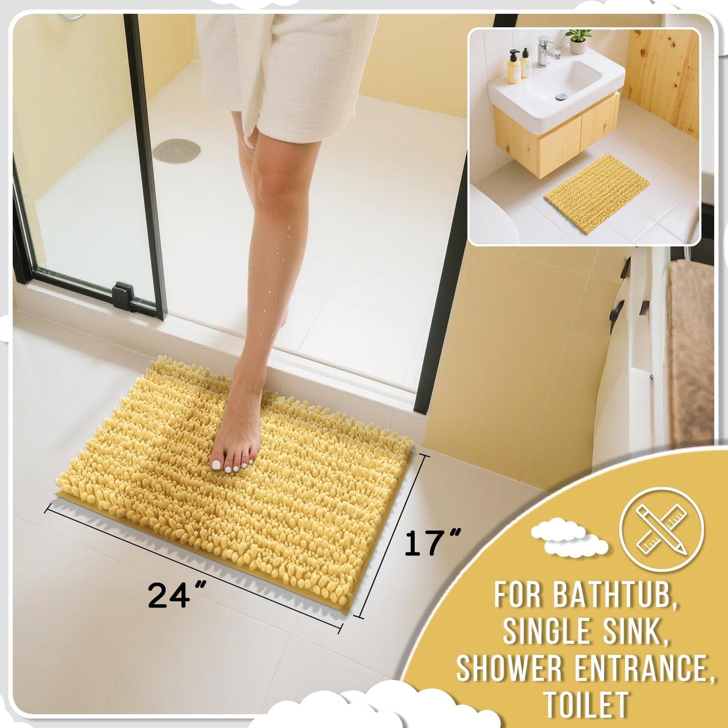 Yimobra Bathroom Rugs Non Slip Washable 24x17 Inch - Ultra Soft Absorbent Chenille Bath Mat, Quick Dry Shaggy Floor Carpet for Tub Shower, Yellow Home Decor Accessories