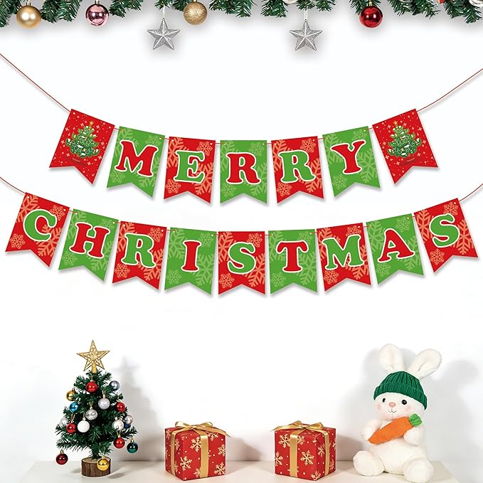 OHOME Christmas Party Decorations - Merry Christmas Banner | CHRISTMAS Decorations for Indoor Outdoor - Xmas Backdrop Garl...