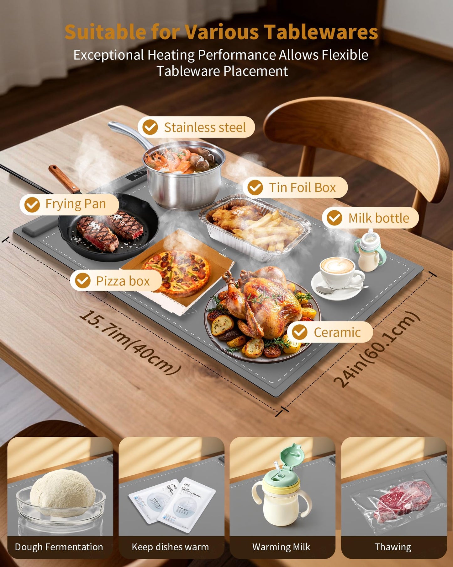 Food Warming Mat - Fast & Full Surface Heating, Silicone Heat Pad with 3 Adjustable Temperature for Buffets Parties, Rollable Electric Warming Tray,Kitchen Heated Plate,Countertop Food Warmer (Gray)