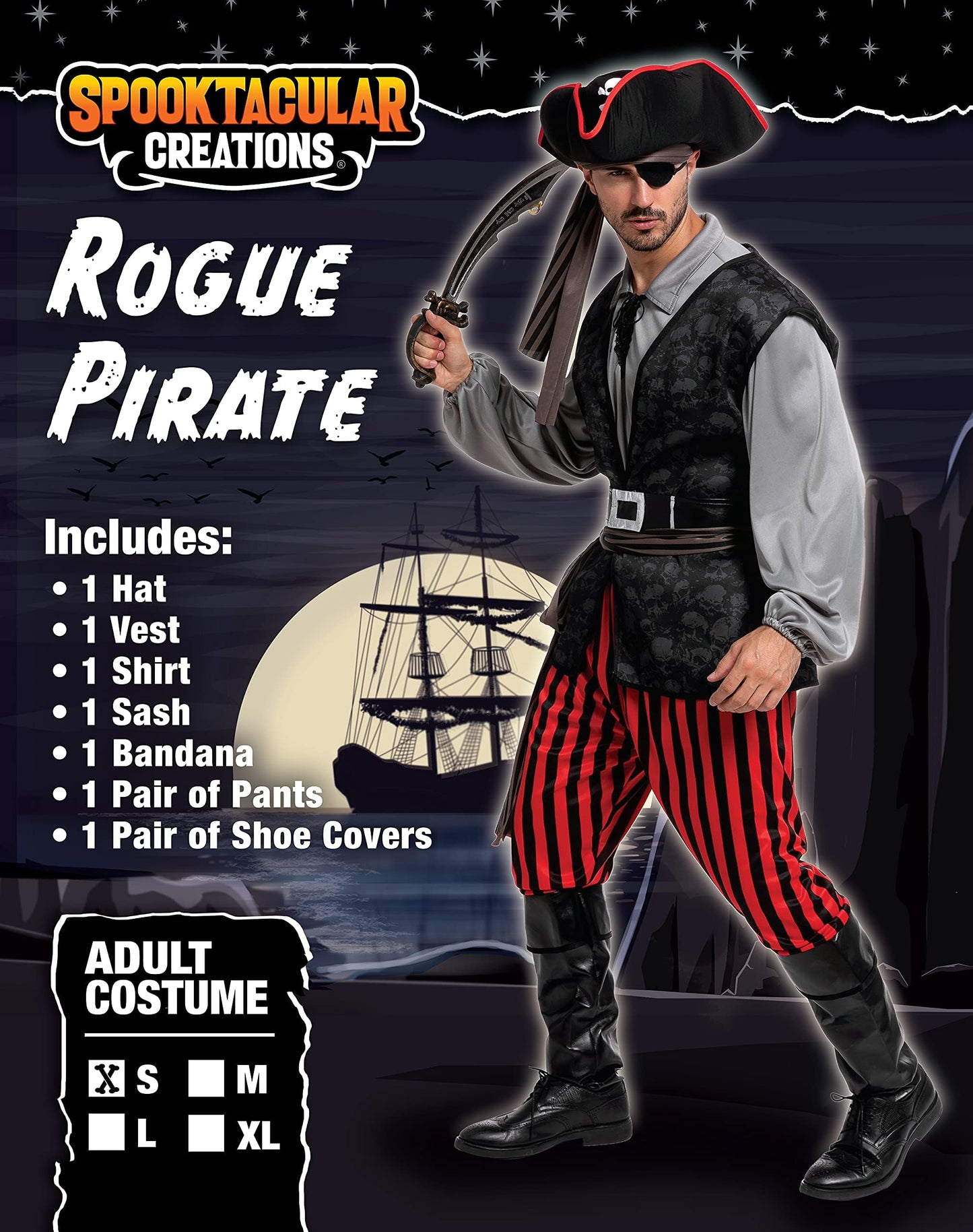 Spooktacular Creations Men Pirate Costume, Adult Grey Pirate Shirt Vest Viking Pants Hat Accessories Set for Halloween Themed Trick or Treating Cosplay Parties (X-Large)