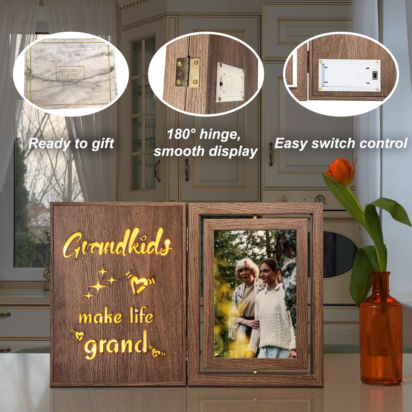 Grandkids Make Life Grand Light Up Photo Frame, Rotating Double-Sided 4x6 Vintage Wooden Grandma Grandpa Glowing Picture Frame, Gifts for Grandparents for Mother's Day, Father's Day, Christmas