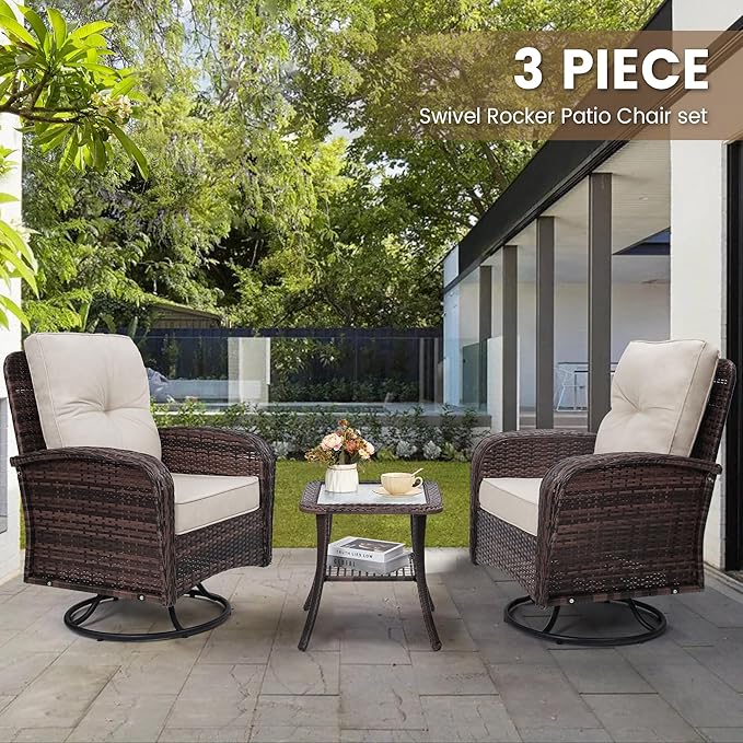 wildformers Luxury Outdoor Swivel Wicker Glider Patio Chairs with Table Set, Overstuffed Washable Cushions, Ideal for Porch, Balcony, Deck, Brown Rattan and Beige Cushion